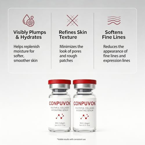 CONPUVON™ Youthful Collagen Hydrating Serum Cosmetic Applicator Kit, 4 Vials + 2 Cosmetic Tips (0.25mm), Collagen Peptides, 4-Week Skincare Routine, Hydrating Skincare Set, All Skin Types