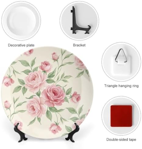 Pink Rose Decorative Plates 10 Inch Romantic Home Decor Wall Plates with Stand Office Kitchen Dining Room