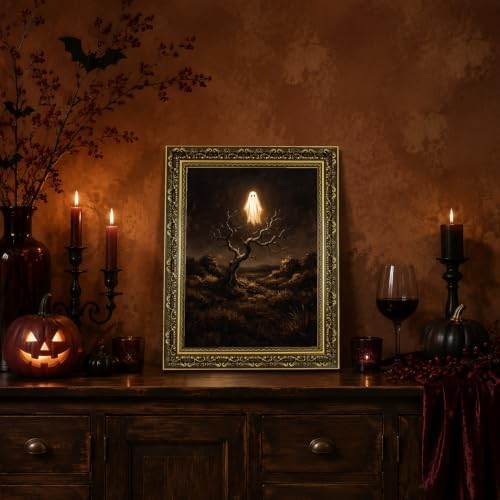 Gold Vintage Framed Ghost Wall Art, Spooky Halloween Nature Poster