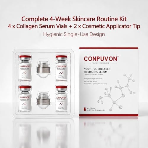 CONPUVON™ Youthful Collagen Hydrating Serum Cosmetic Applicator Kit, 4 Vials + 2 Cosmetic Tips (0.25mm), Collagen Peptides, 4-Week Skincare Routine, Hydrating Skincare Set, All Skin Types