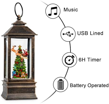 10'' Musical Snow Globe Lantern Lighted Christmas Tree and Flying Santa Water Lantern Swirling Glittering Home Decoration and Gift, Battery Operated or USB Powered