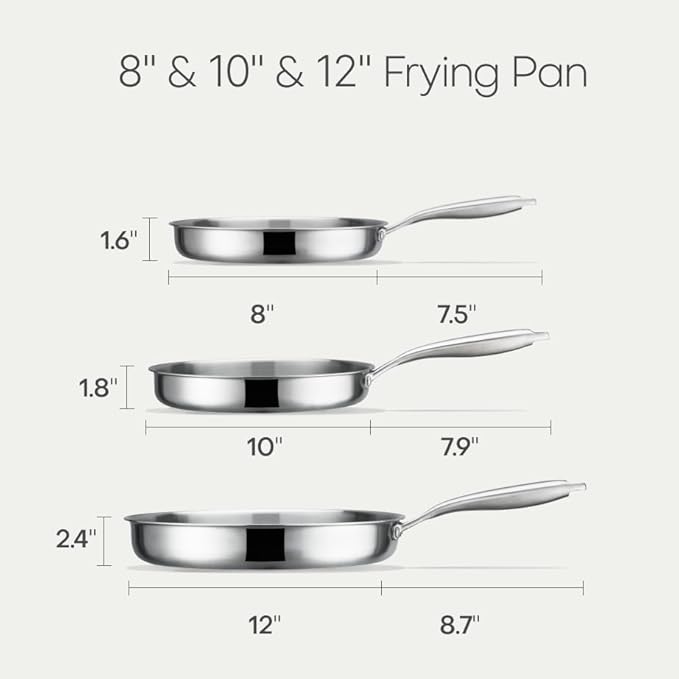 CAROTE 3-Piece Tri-Ply Stainless Steel Frying Pan Set, Skillet Set 8"/10"/12", Induction Compatible, Oven & Dishwasher Safe, Silver Handle