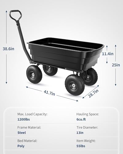 Heavy-Duty 1200 lb (125L) 10 Cu.Ft. Poly Garden Dump Cart with 180° Pivot Handle, 13" No-Flat Tires & Quick-Release Dump – All-Terrain Yard Cart in Black