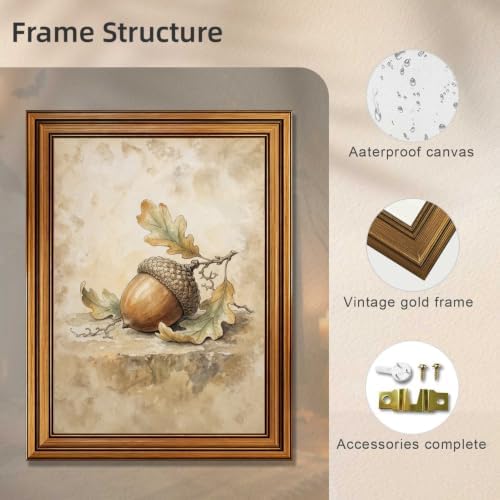 Acorn Botanical Wall Art, Gold Vintage Framed Print for Halloween Decor