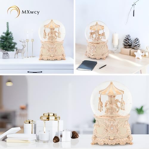 Carousel Music Box Rose Gold Christmas Snow Globes, 7.1" Glass Rotate Carousel Snow Globe for Kids & Adults, Classic Wind up Musical Snow Globe Valentines Day Gifts, Carousel Horse Home Decor