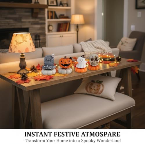 Halloween Rotating Resin Figurine, Spinning Pumpkin Ghost Skeleton Desktop Decoration, Cute Halloween Tabletop Decor for Home Office Party Tiered Tray Display