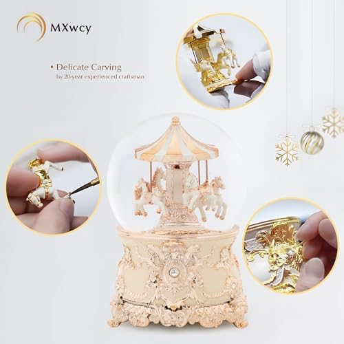 Carousel Music Box Rose Gold Christmas Snow Globes, 7.1" Glass Rotate Carousel Snow Globe for Kids & Adults, Classic Wind up Musical Snow Globe Valentines Day Gifts, Carousel Horse Home Decor