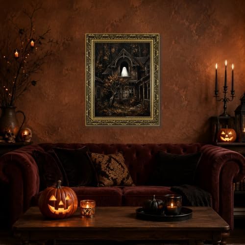 Gold Vintage Framed Ghost In Window Wall Art, Spooky Halloween Home Decor