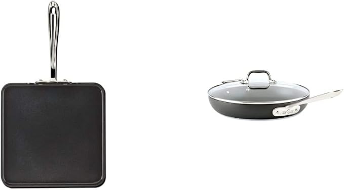 All-Clad HA1 Hard Anodized Nonstick Griddle 11 x 11 Inch Pots and Pans, Cookware Black & HA1 Hard Anodized Nonstick Fry Pan 12 Inch Induction Pots and Pans, Cookware Black