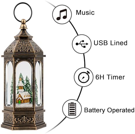 Christmas Snow Globe Lantern Lighted Church Musical Snow Water Lantern Swirling Glittering Home Decoration and Gift, Battery Operated or USB Powered