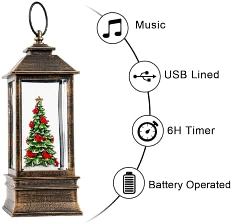 VISFLAIR 10'' Lighted Christmas Tree Cardinal Music Snow Globe Water Lantern with Swirling Glitter Decoration for Christmas Home, Living Room, Battery Operated or USB Powered