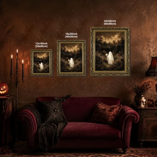 Gold Vintage Framed Ghost Wall Art, Whimsical Halloween Nature Print