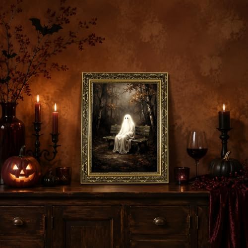 Gold Vintage Framed Ghost Wall Art, Spooky Forest Halloween Decor