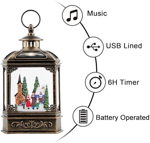 VISFLAIR Musical Snow Globe Lantern Lighted Church Carolers Christmas Village Snow Water Lantern Swirling Glittering Home Decoration and Gift, Battery Operated or USB Powered
