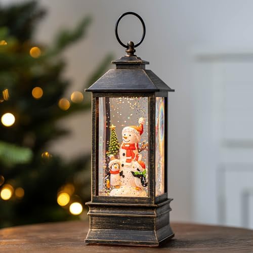 10'' Musical Snow Globe Lantern Lighted Snowman with Penguin Water Lantern Swirling Glittering Home Decoration and Gift, Battery Operated or USB Powered