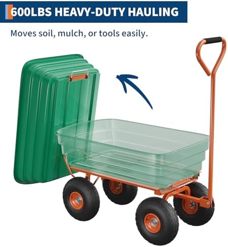 Heavy-Duty 1200 lb (125L) Poly Garden Dump Cart with 180° Pivot Handle, 10" All-Terrain Tires & Quick-Release Dump – Green Bucket with Orange Accents