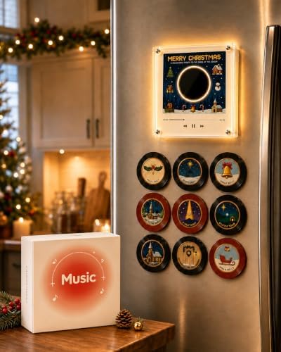 Magnetic Fridge Vinyl Music Box Christmas - 128MB NFC Magnetic Fridge Music Player with 9 Vinyl Style Discs & LED Light, Mini Vinyl Record Player for Holiday Home Display & Gifting，A