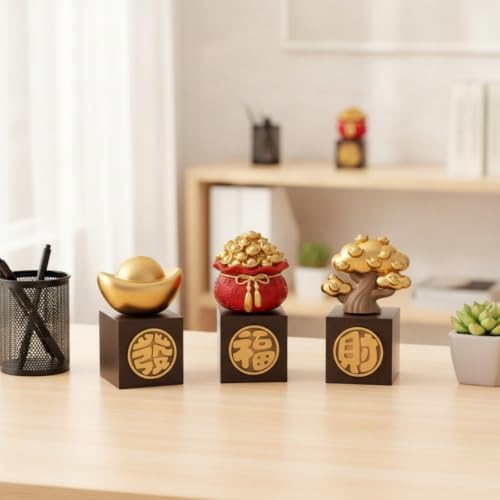 3 Pieces Rotating Ornaments with Pedestal Prosperity Tabletop Tree Miniature Metal Ingot Figurine for Office Desk, Color to 1, Small