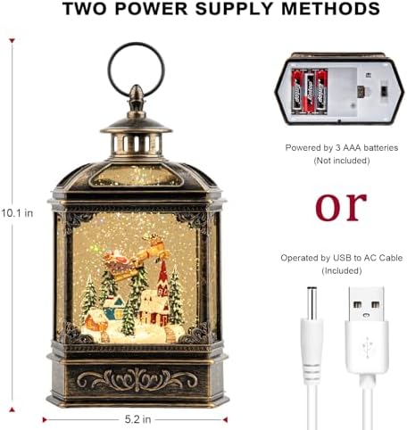 VISFLAIR Christmas Snow Globe Lighted Church & Flying Santa Scene, Musical Snow Water Lantern Swirling Glittering Home Decoration and Gift, Battery Operated or USB Powered