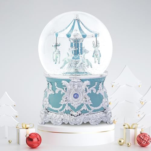 Carousel Music Box Moose Silver & Turquoise Christmas Snow Globes, 7.1" Rotate Carousel Snow Globe for Kids & Adults, Classic Wind up Musical Snow Globe Valentines Day Gifts for Women Girls Home Decor