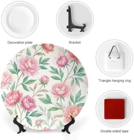 Peony Decorative Plates 10 Inch Watercolor Summer Floral Wall Art with Display Stand