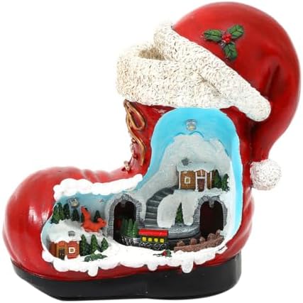 ARTIBETTER Santa Boot Music Box with Lighted Miniature Village & Rotation Train Animated Christmas Table Decoration for Living Room, Holiday Centerpiece, Gifting