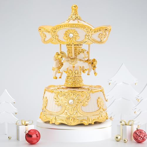MXwcy 6.2" Horse Carousel Music Box, Vintage Rotating Merry Go Round with Wind Up Melody, Gold & Ivory Musical Carousel Decor, Elegant Tabletop Centerpiece & Keepsake Gift for Mom Women Girls