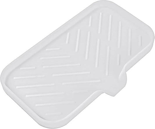 MicoYang Silicone Soap Dish with Drain Spout — Self-Draining Sink Organizer Tray for Bathroom & Kitchen, Sponges, Dispensers & Soap Holder, Non-Slip & Dishwasher Safe, White (Medium, 9.6"×5.3")