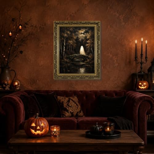 Gold Vintage Framed Ghost Bridge Wall Art, Spooky Halloween Forest Print
