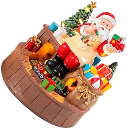 Rotating Santa Workshop Music Box Resin Santa Claus Figurine with Animated Train, Battery Operated, Warm LED Lights, Indoor Holiday Setting Decoration