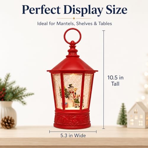 Snowman Christmas Snow Globe Lantern, 10.5" Lighted Musical Water Lantern with Swirling Glitter, 8 Christmas Songs, USB & Battery Operated, 6H Timer, Vintage Red Tabletop Christmas Decor