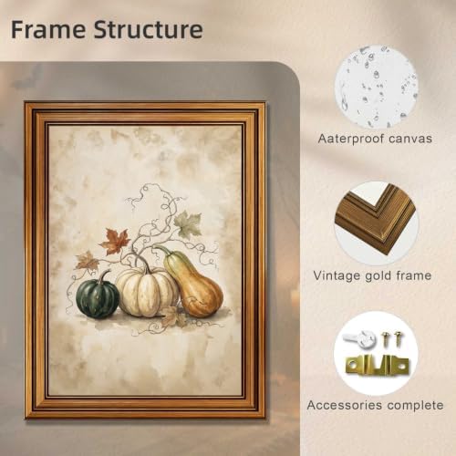 Halloween Pumpkin Wall Art, Gold Vintage Framed Rustic Fall Poster