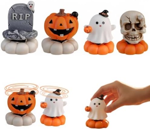 Halloween Rotating Resin Figurine, Spinning Pumpkin Ghost Skeleton Desktop Decoration, Cute Halloween Tabletop Decor for Home Office Party Tiered Tray Display