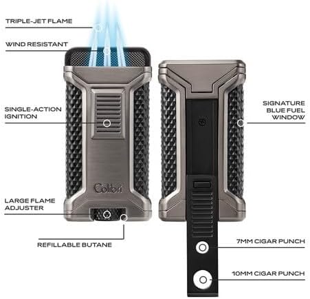 Colibri Ascari Triple Jet Torch Lighter, Windproof & Uses Butane Refill, Cigar Enthusiast's Choice with Integrated Punch, Blue Fuel Window, and Adjustable Flame (Metallic Red + Black)
