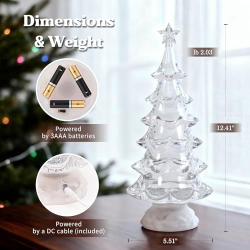 Snow Globe Christmas Tree - 12.4" Lighted Christmas Snow Globe Lantern with Color Changing LED, Battery/USB Operated Timer Crystal Tree Indoor Holiday Decor Gift
