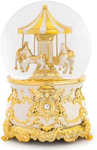 Carousel Music Box Gold & Ivory Christmas Snow Globes, 7.1" Glass Rotate Carousel Snow Globe for Kids & Adults, Classic Wind up Musical Snow Globe Birthday Gifts, Carousel Horse Home Decor