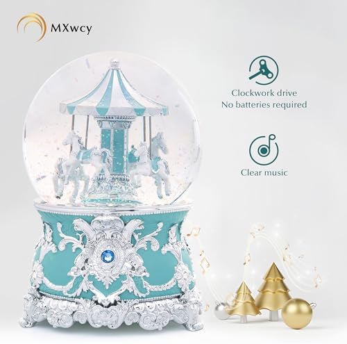 Carousel Music Box Silver Turquoise Christmas Snow Globes, 7.1" Glass Rotate Carousel Snow Globe for Kids & Adults, Classic Wind up Musical Snow Globe Valentines Day Gifts, Carousel Horse Home Decor