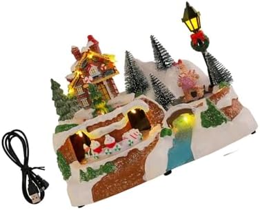 LED Light Christmas Village Scene with Rotating Train Musical Lighted Collection Figurine Home Decor Musical Village House Figurine