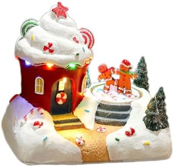 Holiday Seasonal Musical House Resin Ornament with Colorful LED Light Christmas Rotating Figurines Statue Desktop Decors LED Light Christmas Ornament