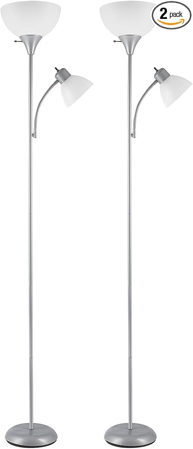 GLOBE Electric 67134 72" Torchiere Floor Lamp and Adjustable Reading Light, Silver, Frosted Shade, Dual Rotary Switch, 3-Step Dimming, Modern Lighting for Living Room or Office, Timeless (Pack of 2)