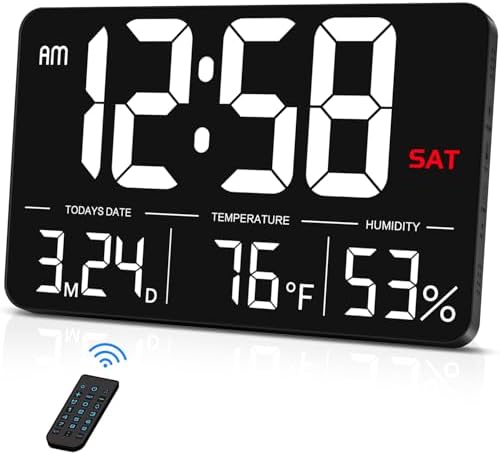 MASHI Digital Clock,13" Large Display Digital Wall Clock, Adjustable Brightness Calendar Clock with Day and Date,DST,Alarms,Humidity, Temperature for Desk, Wall Mounted, for Elderly