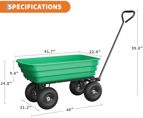Heavy-Duty 1200 lb 6 Cu.Ft. Garden Dump Cart with 4-Wheel All-Terrain Design, 180° Pivot Handle & Quick-Release Tipping – Green Bucket with Black Iron Frame