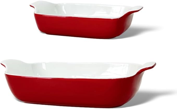 Domini Casserole Dishes for Oven, Ceramic Baking Dishes for Oven Set of 2, Lasagna Pan Deep, Baking Pan Set Square Casserole Dish Set with Handles for Baking, Pattern Red(13.6+9inch) Christmas