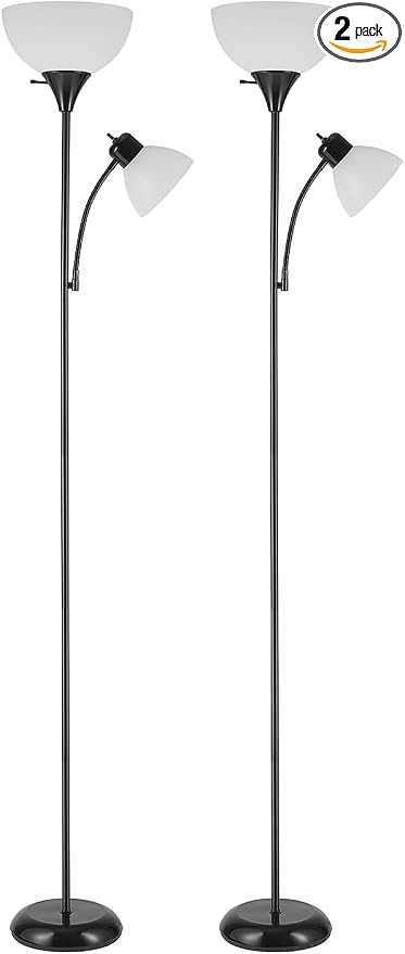 GLOBE Electric 67135 72" Floor Lamp with Adjustable Reading Light, Bright, Easy-to-Assemble Torchiere for Bedroom, Living Room & Office - Space-Saving Slim Design (Pack of 2)