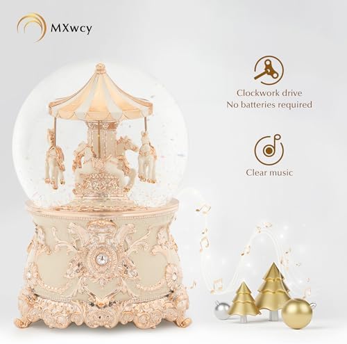 Carousel Music Box Rose Gold Christmas Snow Globes, 7.1" Glass Rotate Carousel Snow Globe for Kids & Adults, Classic Wind up Musical Snow Globe Valentines Day Gifts, Carousel Horse Home Decor