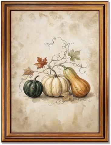 Halloween Pumpkin Wall Art, Gold Vintage Framed Rustic Fall Poster