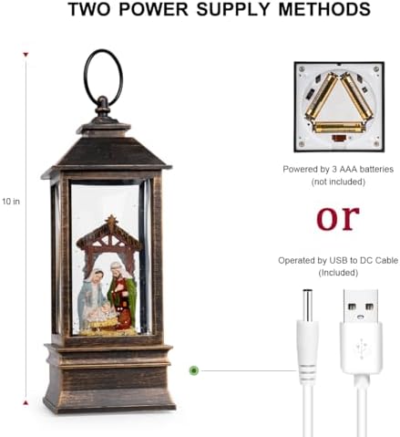 10'' Musical Snow Globe Lantern Lighted Nativity Manger Scene Water Lantern Swirling Glittering Home Decoration and Gift, Battery Operated or USB Powered