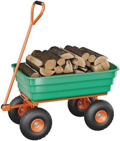 Heavy-Duty 1200 lb (125L) Poly Garden Dump Cart with 180° Pivot Handle, 10" All-Terrain Tires & Quick-Release Dump – Green Bucket with Orange Accents