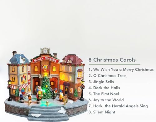 MOMENTS IN TIME Animated Santa’s Workshop Town Center 10.83” LED Lights, Moving Christmas Tree, 8 Classic Carols, Power Adapter Included Hand-Painted Polyresin Christmas Village
