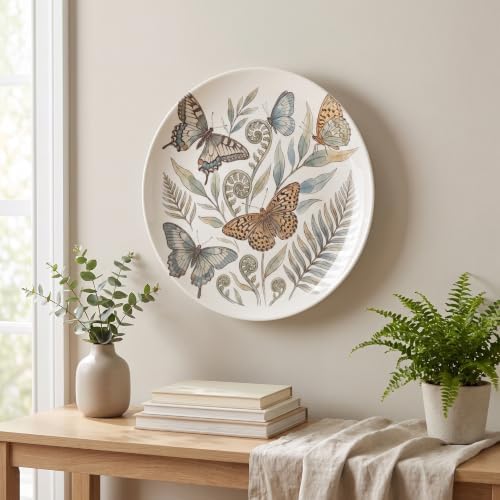 Butterflies Ferns Decorative Plates 8 Inch Botanical Decorations Plates Wall Decor with Stand Home & Office